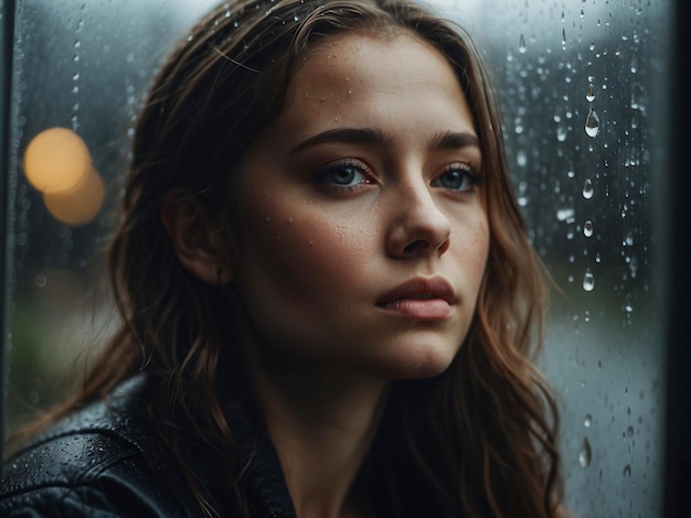 une fille aux yeux verts et une veste noire regarde par une fenêtre