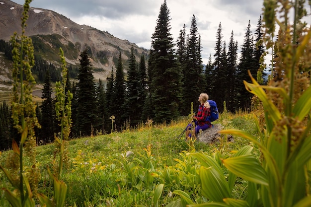 Fille aventureuse appréciant le paysage de montagne canadien