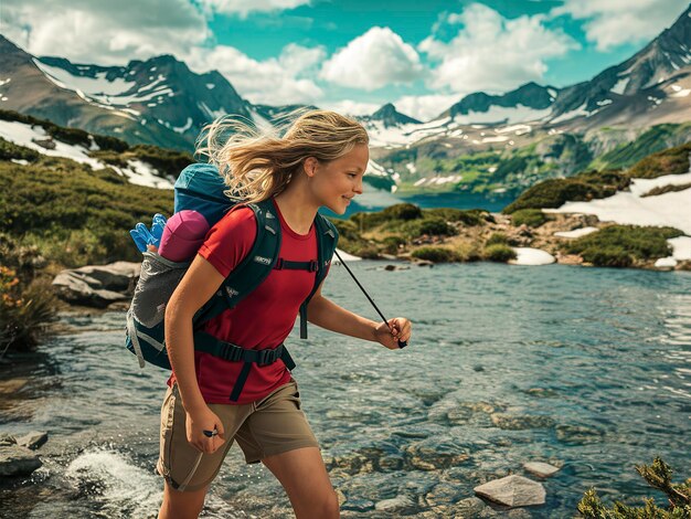 Une fille aventureuse et sportive fait une randonnée sur un lac dans les belles montagnes alpines