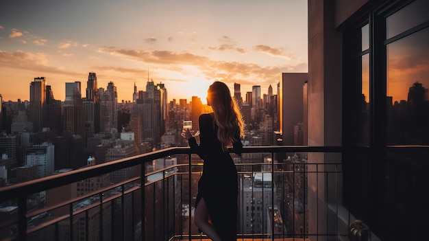 Fille sur le balcon Heure du coucher du soleil Illustration AI GenerativexA