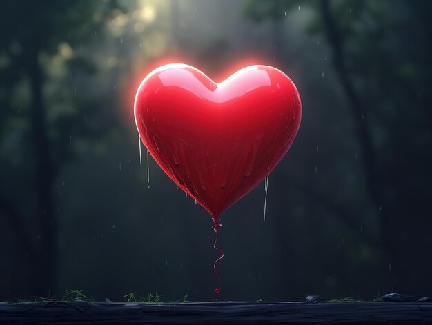 Une fille avec un ballon rouge géant sur une falaise surplombant une vallée brumeuse