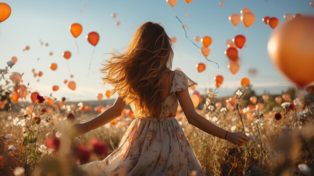 Fille avec des ballons dans un champ