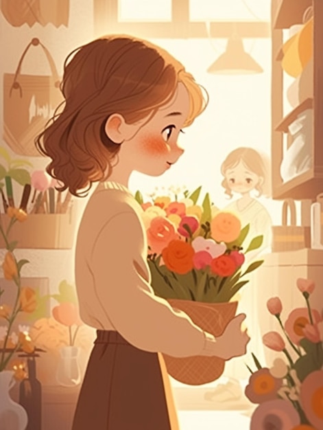 Photo une fille de bande dessinée tenant un panier de fleurs dans un magasin.