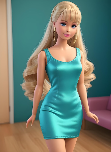 Fille Barbie En Robe Bleue Look Moderne Et Branché Fond Simple
