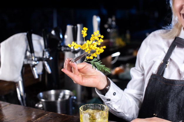 Fille barman crée un cocktail à la taverne