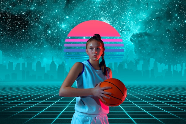 Fille de basket-ball Belle vague de synthé de fond et vague rétro vaporwave futuriste