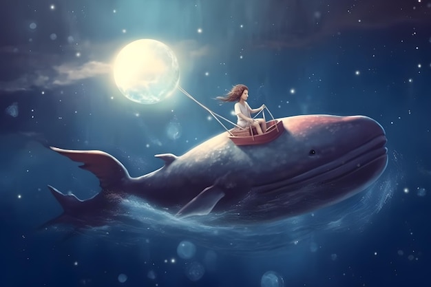 Une fille sur un bateau pêche sur une baleine