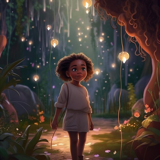 Une fille avec un bâton qui marche dans une forêt avec des lumières.