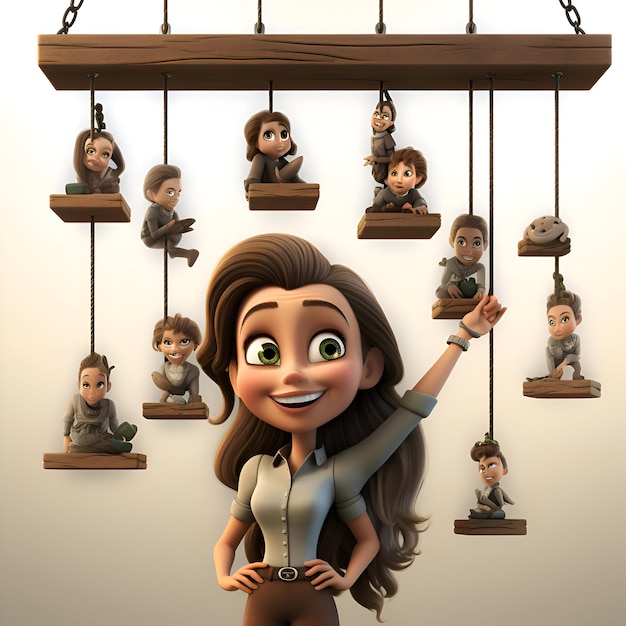 Fille avec beaucoup de marionnettes accrochées au mur illustration 3D