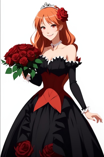 fille de beauté anime portant une robe longue et tenant des images de roses rouges avec IA générée