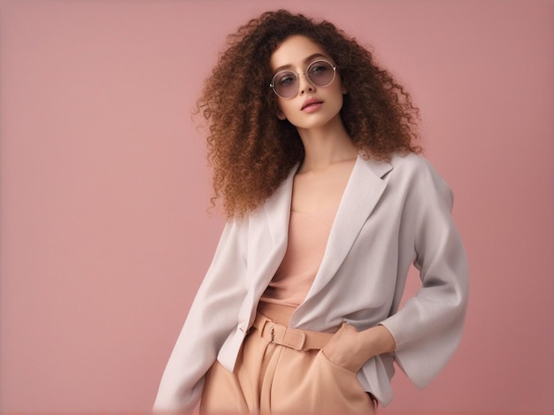 Une fille a une belle coiffure bouclée portant des vêtements à la mode de haute qualité photographie de mode