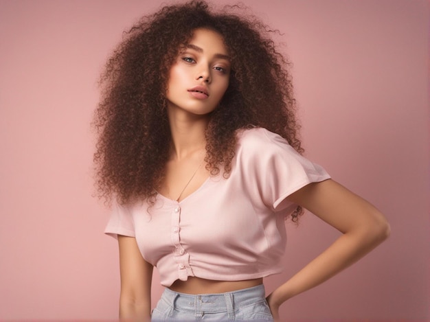 Une fille a une belle coiffure bouclée portant des vêtements à la mode de haute qualité photographie de mode