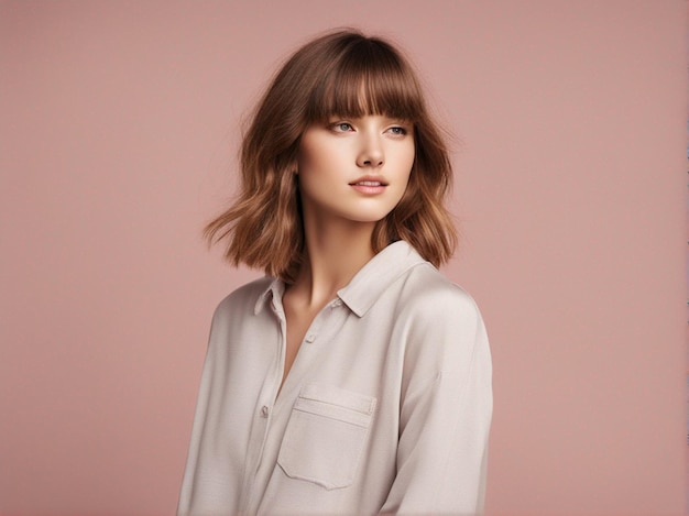 Une fille a une belle coiffure portant des vêtements de haute qualité à la mode photographie de mode