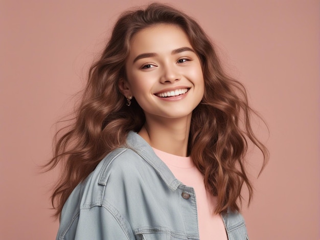 Une fille a une belle coiffure portant des vêtements à la mode de haute qualité photographie de mode