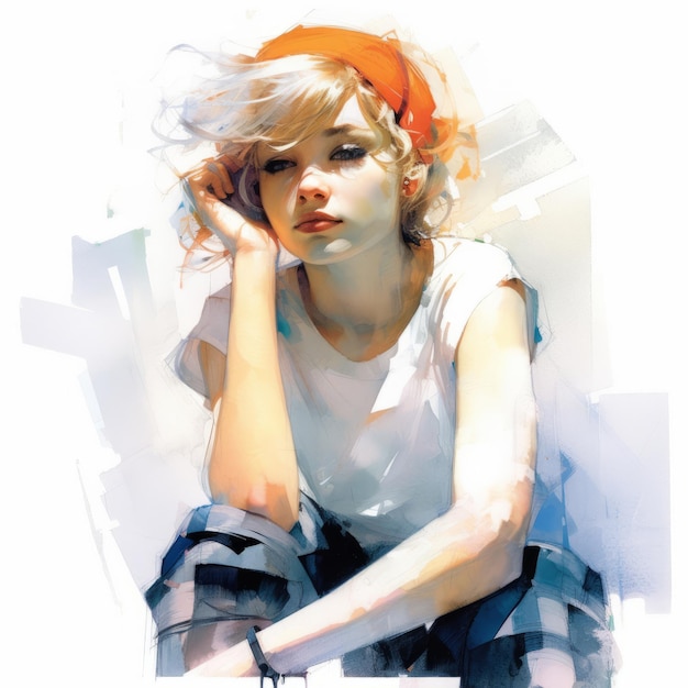 Fille blanche dans la pensée et les doutes illustration aquarelle Personnage de jeune femme avec un visage rêveur sur fond abstrait Ai généré affiche colorée dessinée lumineuse