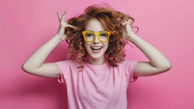 Une fille blanche excitée avec des lunettes élégantes posant en rose