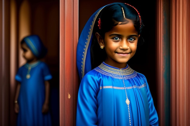 Une fille en bleu se tient devant une porte.