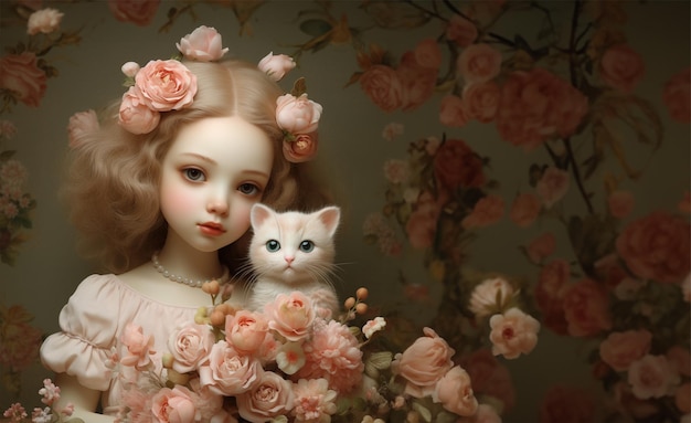 Fille blonde bouclée avec des fleurs de printemps et une illustration de chaton Copier l'espace IA générative