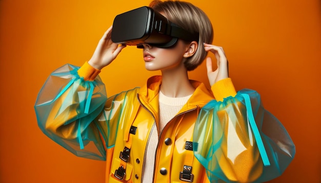 Fille blonde dans un casque de réalité virtuelle avec un fond vibrant