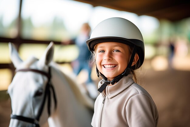 Une fille blonde heureuse à cheval dans un centre d'entraînement.