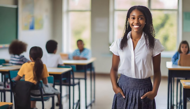 Une fille blonde avec des lunettes, une étudiante en classe.