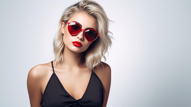 Fille blonde à lunettes roses