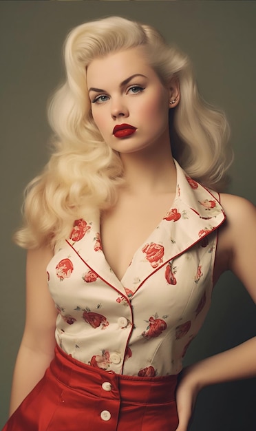 Fille blonde sexy dans des vêtements rétro dans le style de pinup girl avec du rouge à lèvres rouge