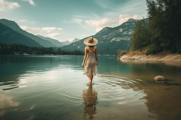 Une fille bohème marchant au bord d'un lac cristallin entouré de vues époustouflantes sur la montagne vue arrière