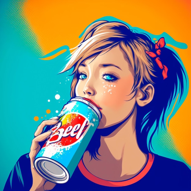 Fille boit d'une canette dans un style pop art