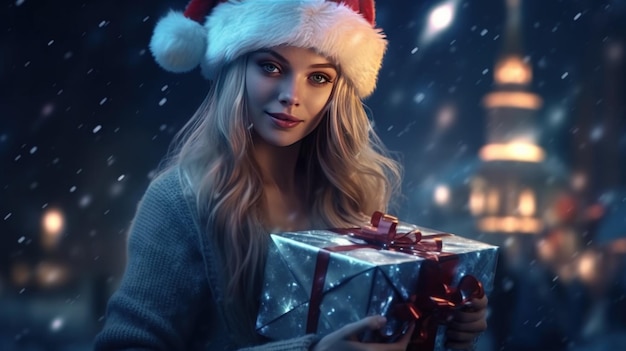 Fille avec boîte de Noël magique Illustration AI Générative