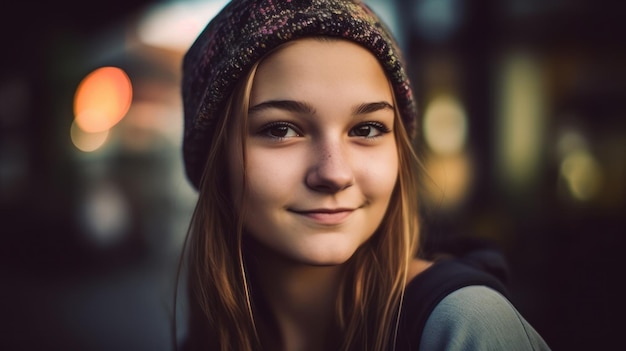 Une fille avec un bonnet et un pull gris sourit.