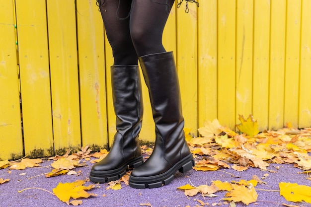 Une fille en bottes chaudes pose sur un fond de feuillage tombé