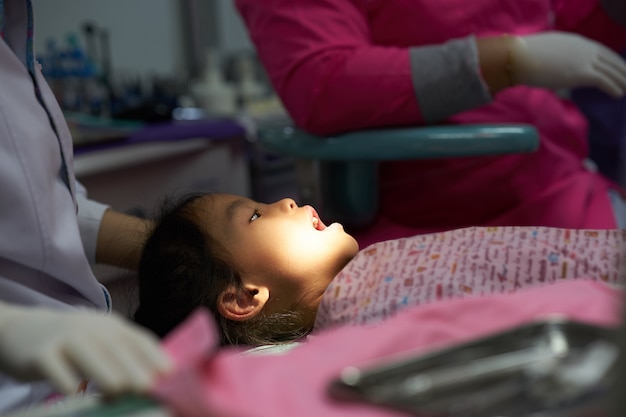 Fille bouche ouverte prête pour l&#39;examen de dentiste