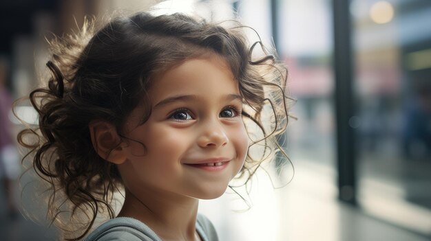 Une fille bouclée de 6 ans aux yeux bruns souriant tendrement.