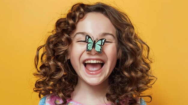 Photo une fille bouclée qui rit avec un papillon sur le nez.