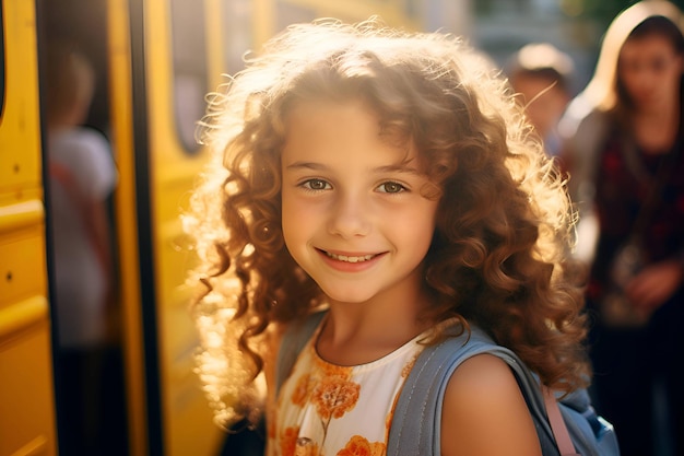 Fille bouclée avec un sac à dos près du bus scolaire Retour à l'école Generative AI 3