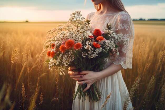 Fille avec un bouquet de fleurs d'été dans un champ de blé