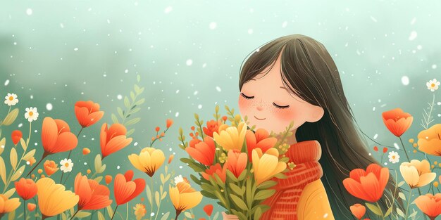 Fille bouquet de tulipes sur un pré jour de la mère anniversaire et le concept d'amitié se connecter à la nature