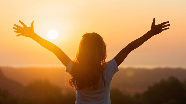 Une fille avec les bras tendus au coucher du soleil