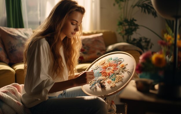 Une fille brode un motif de fleur sur un cerceau sur le canapé du salon broderie de point de satin