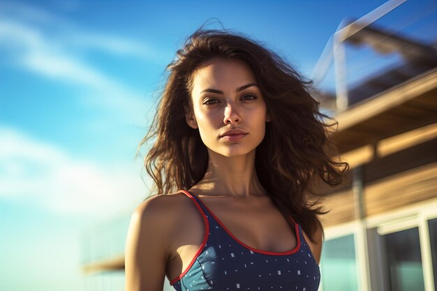 une fille brune avec des cheveux en développement sur la plage en été