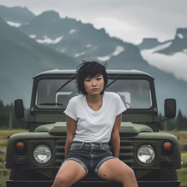 une fille brune avec une coupe de cheveux courte et des shorts est assise sur une jeep sur le fond des montagnes