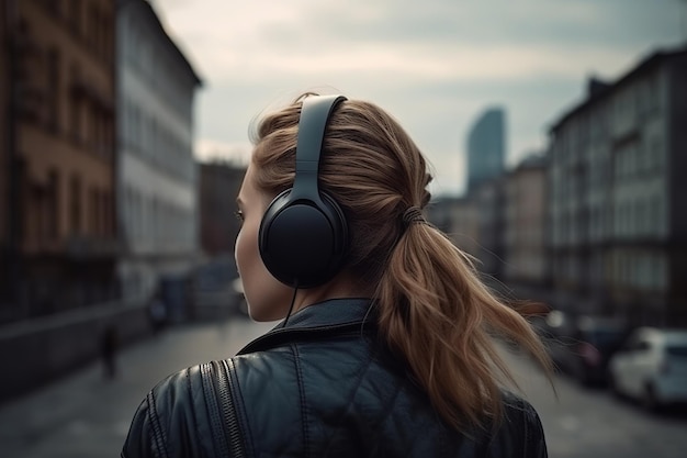 Une fille brune écoute de la musique avec des écouteurs et regarde l'arrière de la ville.