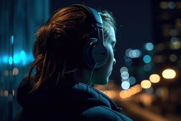 Une fille brune écoute de la musique avec des écouteurs et regarde la ville de nuit.