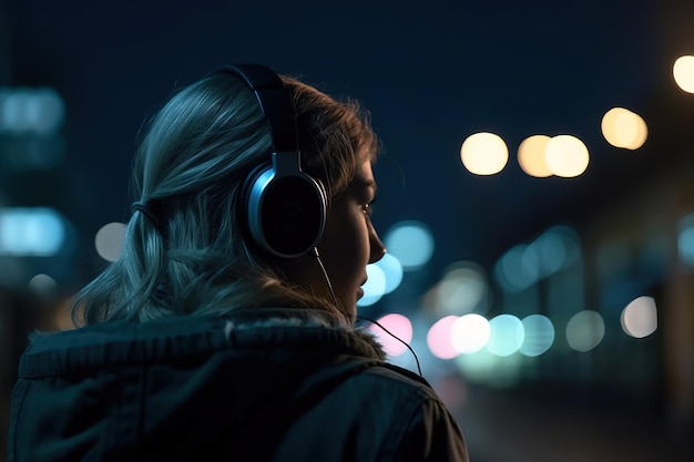 Une fille brune écoute de la musique avec des écouteurs et regarde la ville de nuit.