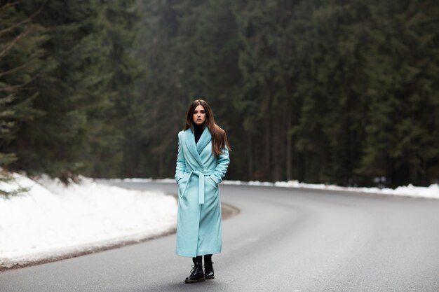 Fille brune sexy marchant sur la route sur les montagnes d'hiver