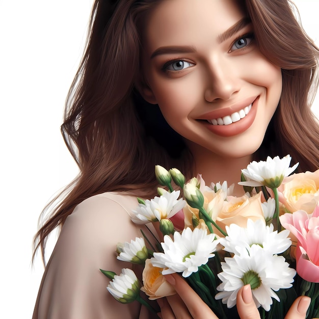 une fille brune souriante avec des fleurs dans les mains sur un fond blanc