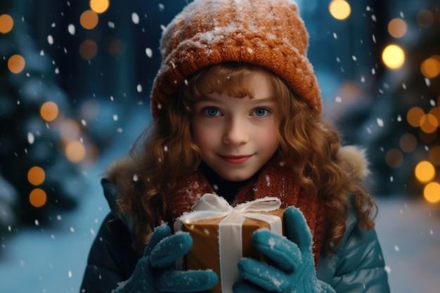 Photo fille avec un cadeau de noël petit enfant tenant une boîte enveloppée de feux de noël en ruban blanc