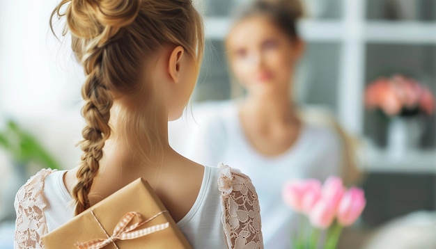 Fille avec un cadeau pour la fête des mères Une adolescente affectueuse donne une boîte cadeau à sa mère