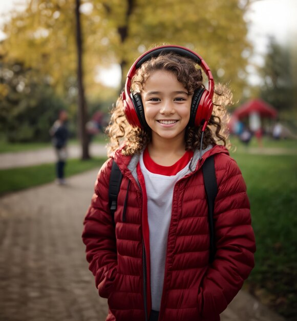 Photo une fille avec une capuche rouge écoutant de la musique avec des écouteurs.